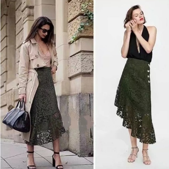 Zara lace green asymmetrical side buttons skirt - Picture 3 of 8